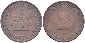 ФРГ 2 ПФЕННИГА 1975 F KM 106a, J. 381a сталь плакированная сталь плакированная медьюю 116-331