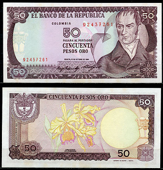 Колумбия 50 песо 1984 Камило Торрес Тенорио, орхидеи  Pick 425 a  бумага  UNC (пресс) 447-74-3