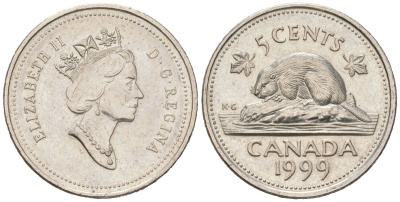 Канада 5 центов 1999 Елизавета II (1952-2022), бобер KM 182 медно-никель UNC 4385-855
