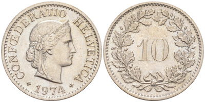 Швейцария 10 раппенов 1974 KM 27 медно-никель 212-1035