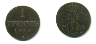 Ганновер 1 пфенниг 1842 S, Эрнст Август (1837-1851) KM 173.3, AKS 128, J. 54 медь 35-148