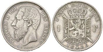 Бельгия 1 франк 1886 Альберт I (1909-1934), DES BELGES KM 28 серебро 63-743