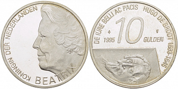 Нидерланды 10 гульденов 1995 300 лет со дня смерти Хьюго Грута, королева Беатрикс KM 220 серебро PROOF 272-145