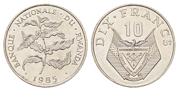 Руанда 10 франков 1985 год-тип KM 14.2 медно-никель UNC 4678-143