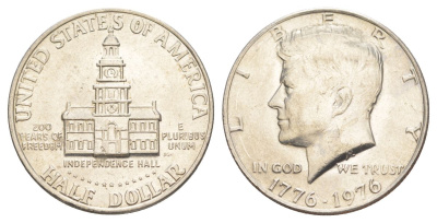 США 1/2 доллара (50 центов) 1976 200 лет независимости, Джон Кеннеди KM 205 медь плакированная медно-никелем aUNC 4545-224
