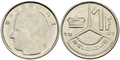 БЕЛЬГИЯ 1 ФРАНК 1991 BELGIQUE KM 170 сталь плакированная никелем 4528-1042