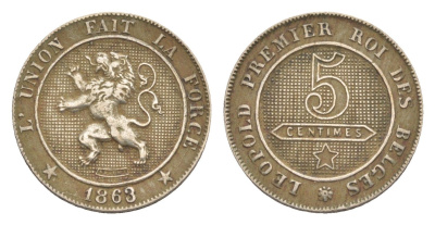 Бельгия 5 сантимов 1863 Belges, Леопольд II (1831-1865) KM 21 медно-никель 4169-131