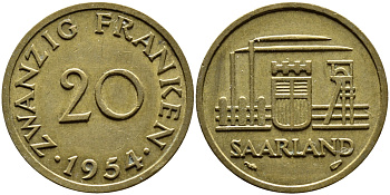 Саарланд 20 франков 1954 индустрия KM 2 алюминиевая бронза 4364-2434