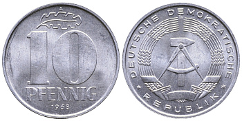 ГДР 10 пфеннигов 1968 А KM 10 алюминий 4364-2647