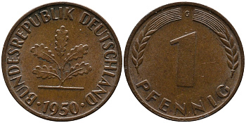 ФРГ 1 пфенниг 1950 G KM 105, J.380 сталь плакированная медью 99-246