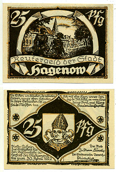 ХАГЕНОВ 25 ПФЕННИГОВ 1922 НАЧАЛО 1922 - 30 АПРЕЛЯ 1922, НОТГЕЛЬД, ЗЕМЛЯ МЕКЛЕНБУРГ-ПЕРДНЯЯ ПОМЕРАНИЯ Grabowski 500.2 бумага 2193-11-1-2