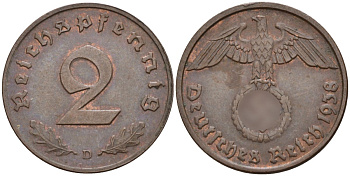 Германия 2 рейхспфеннига 1938 D KM 90, J. 362 бронза 4151-111