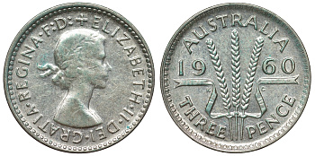 Австралия 3 пенса 1960 m, Елизавета II (1952-2022) KM 57 серебро 71-632