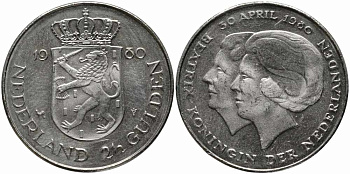 Нидерланды 2 1/2 гульдена 1980 коронация Беатрикс, 30 апреля 1980 KM 201 никель 111-326