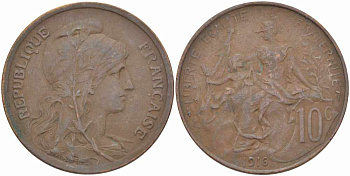ФРАНЦИЯ 10 САНТИМОВ 1916 ТИП ДАНИЭЛЬ ДЮПЮИ KM 843, LA FRANC 136.27 бронза 109-421