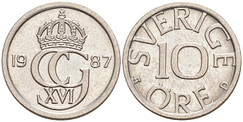 Швеция 10 эре 1987 Карл XVI Густав (1973- ) KM 850 медно-никель UNC 187-833