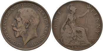 Великобритания 1 пенни 1911 Георг V (1910-1936) KM 810, Spink 4051 бронза 4144-745