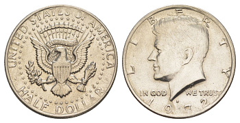 США 1/2 доллара (50 центов) 1972 D, Джон Кеннеди KM 202b медь плакированная медно-никелем aUNC 189-1245