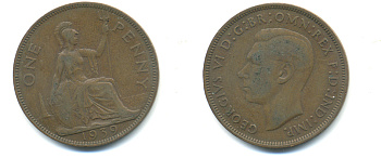 Великобритания 1 пенни 1939 Георг VI (1936-1952) KM 845, Spink 4114 бронза 89-143