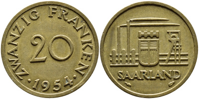 Саарланд 20 франков 1954 индустрия KM 2 алюминиевая бронза 4364-2434