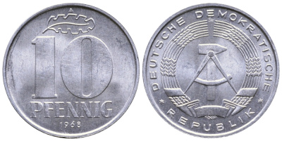 ГДР 10 пфеннигов 1968 А KM 10 алюминий 4364-2647