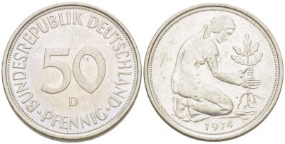ФРГ 50 ПФЕННИГОВ 1974 D KM 109.2 J 384a медно-никель 3996-1265