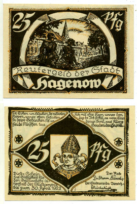 ХАГЕНОВ 25 ПФЕННИГОВ 1922 НАЧАЛО 1922 - 30 АПРЕЛЯ 1922, НОТГЕЛЬД, ЗЕМЛЯ МЕКЛЕНБУРГ-ПЕРДНЯЯ ПОМЕРАНИЯ Grabowski 500.2 бумага 2193-11-1-2