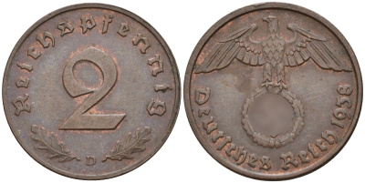 Германия 2 рейхспфеннига 1938 D KM 90, J. 362 бронза 4151-111