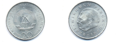 ГДР 20 марок 1972 А, Вильгельм Пик (1876-1960) KM 42 медно-никель 3333-333