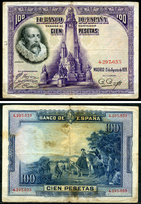 Испания 100 песет 1928 Мигель де Сервантес Сааведра, памятник Сервантесу, картина Дон Кихот Pick 76 а  бумага   6294-71-2-1