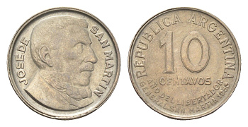 Аргентина 10 сентаво 1950 100 лет со дня смерти Хосе де Сан-Мартина KM 44 медно-никель UNC 4664-153
