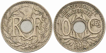 Франция 10 сантимов 1918 тип Линдайё KM 866a, Le Franc 138.3 медно-никель 108-124
