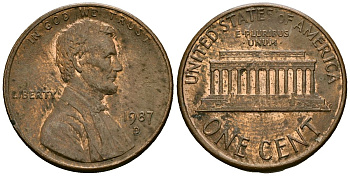 США 1 цент 1987 D, Линкольн KM 201b цинк плакированный медью 4136-331