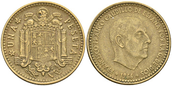 Испания 1 песета 1966 (67) Франсиско Франко (1939-1975) KM 796 алюминиевая бронза 4604-342