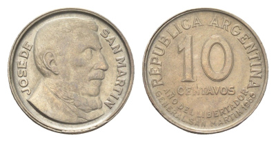 Аргентина 10 сентаво 1950 100 лет со дня смерти Хосе де Сан-Мартина KM 44 медно-никель UNC 4664-153