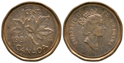 Канада 1 цент 1991 Елизавета II (1952-2022), кленовый лист KM 181 бронза 46-865