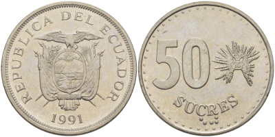 ЭКВАДОР 50 СУКРЕ 1991 KM 93 сталь плакированная никелем 82-922