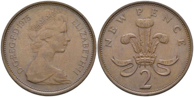 Великобритания 2 пенса 1975 Елизавета II (1952-2022) KM 916, Spink 4235 (C1) бронза 4116-734