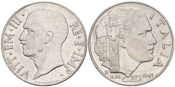 ИТАЛИЯ 20 ЧЕНТЕЗИМО 1941 R, ГОД XIX, ВИКТОР ЭММАНУИЛ III (1900-1946) KM 75b, VEM3. 1028 нержавеющая сталь 3853-923