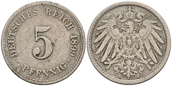 Германия 5 пфеннигов 1899 A KM 11, J. 12 медно-никель 4151-421