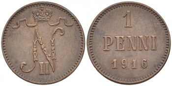 РОССИЯ ДЛЯ ФИНЛЯНДИИ 1 ПЕННИ 1916 НИКОЛАЙ II (1895-1917) KM 13, Биткин 476 медь 211-1024