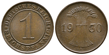 ГЕРМАНИЯ 1 РЕЙХСПФЕННИГ 1930 A KM 37, J. 313 бронза 4380-1214