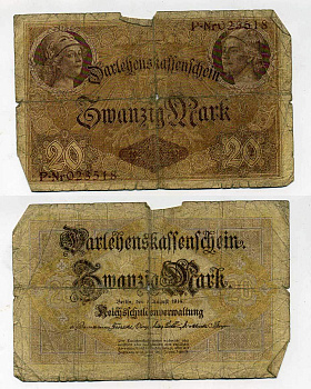 ГЕРМАНИЯ 20 МАРОК 1914 6 значный номер Pick 48 a бумага 6293-54-1