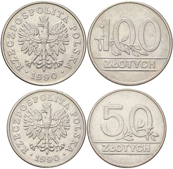 Польша набор из 2 монет (50 и 100 злотых) 1990 MW Y 214 и 216 медно-никель UNC 4612-626-627