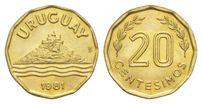 Уругвай 20 сентесимо 1981 KM 67 алюминиевая бронза UNC 4613-228