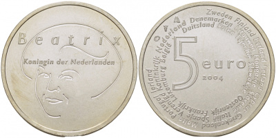 Нидерланды 5 евро 2004 королева Нидерландов Беатрикс, вступление в ЕЭС KM 252 серебро UNC 11-085-11