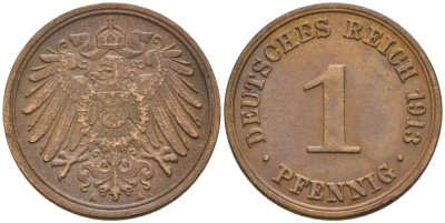 Германия 1 пфенниг 1913 A KM 10, J. 10 медь 4576-222