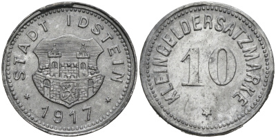ГЕРМАНИЯ ГЕССЕН-НАССАУ ИДСТЕЙН 10 ПФЕННИГОВ 1917 КЛЯЙНГЕЛЬД цинк 75-1613