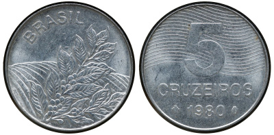БРАЗИЛИЯ 5 КРУЗЕЙРО 1980 КОФЕ KM 591 сталь aUNC 72-825