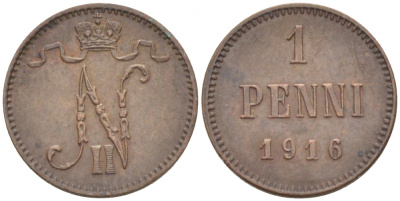 РОССИЯ ДЛЯ ФИНЛЯНДИИ 1 ПЕННИ 1916 НИКОЛАЙ II (1895-1917) KM 13, Биткин 476 медь 211-1024
